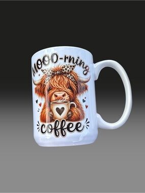 15 ounces White Ceramic 'Moo-ning Coffee' Mug with Highland Cow Artwork